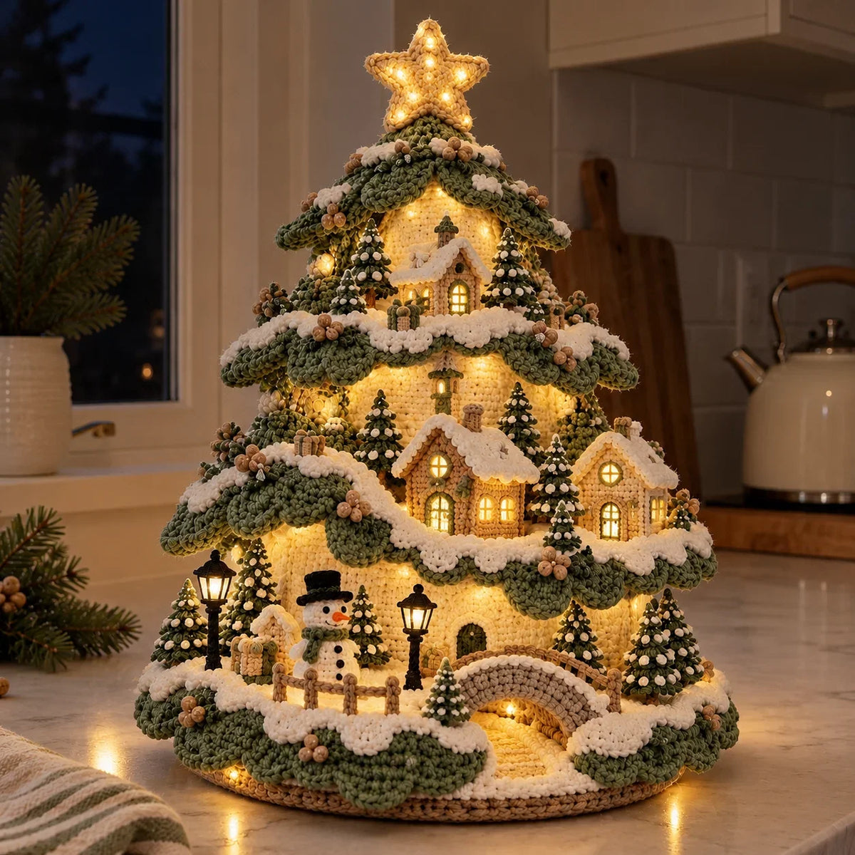 Häkelanleitung Weihnachtsbaum-Lampe – Beleuchtetes Weihnachtsdorf