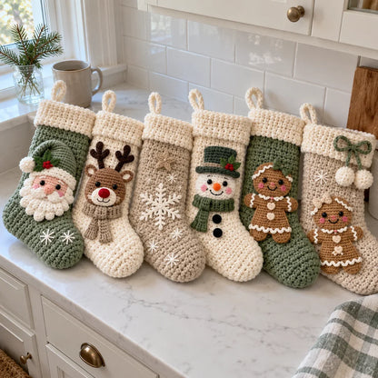 Weihnachtliche Häkelstrümpfe – 6 Häkelanleitungen mit Weihnachtsmann, Rentier & Schneemann