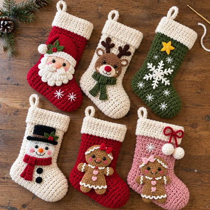 Weihnachtliche Häkelstrümpfe – 6 Häkelanleitungen mit Weihnachtsmann, Rentier & Schneemann